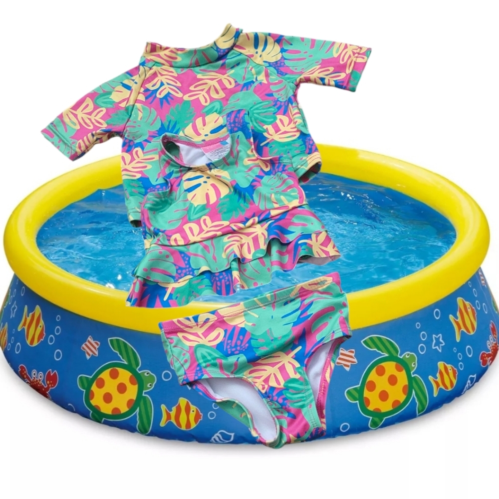 Lily & Dan Tropical Print Girl's Rashguard 3-piece Swim Set